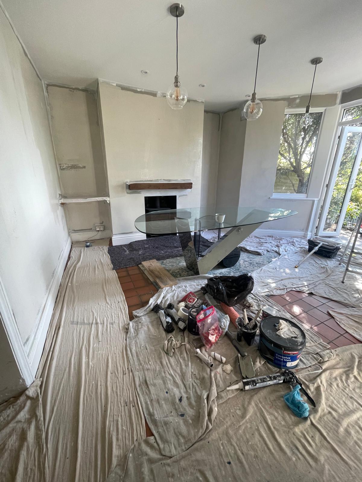 Dining room painting preparation in Kellaway Avenue BS6 Bristol with Johnstones Paints and floor protection
